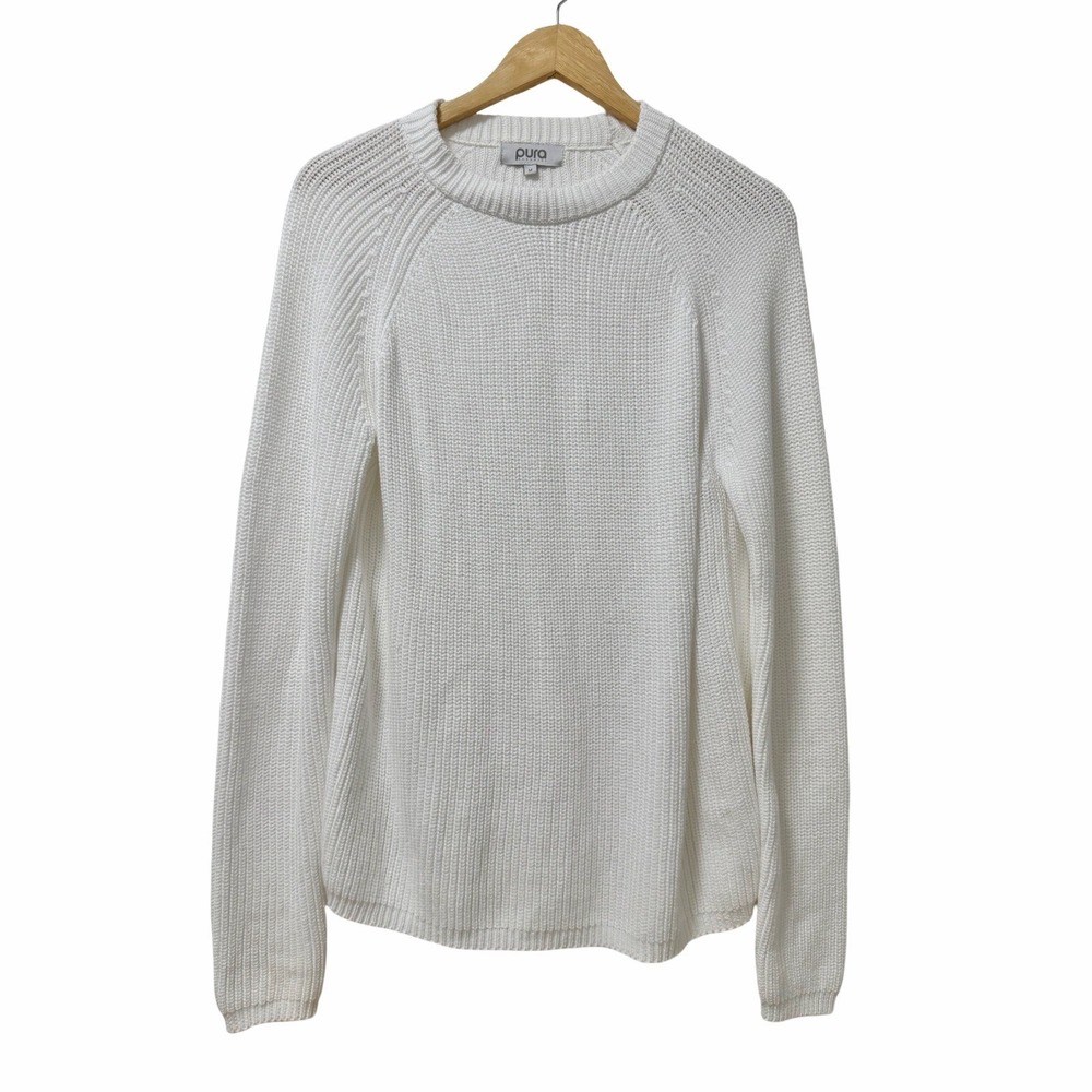 Pura Cashmere Womens Cotton Fisherman Crew Neck Sweater Size M White Coastal